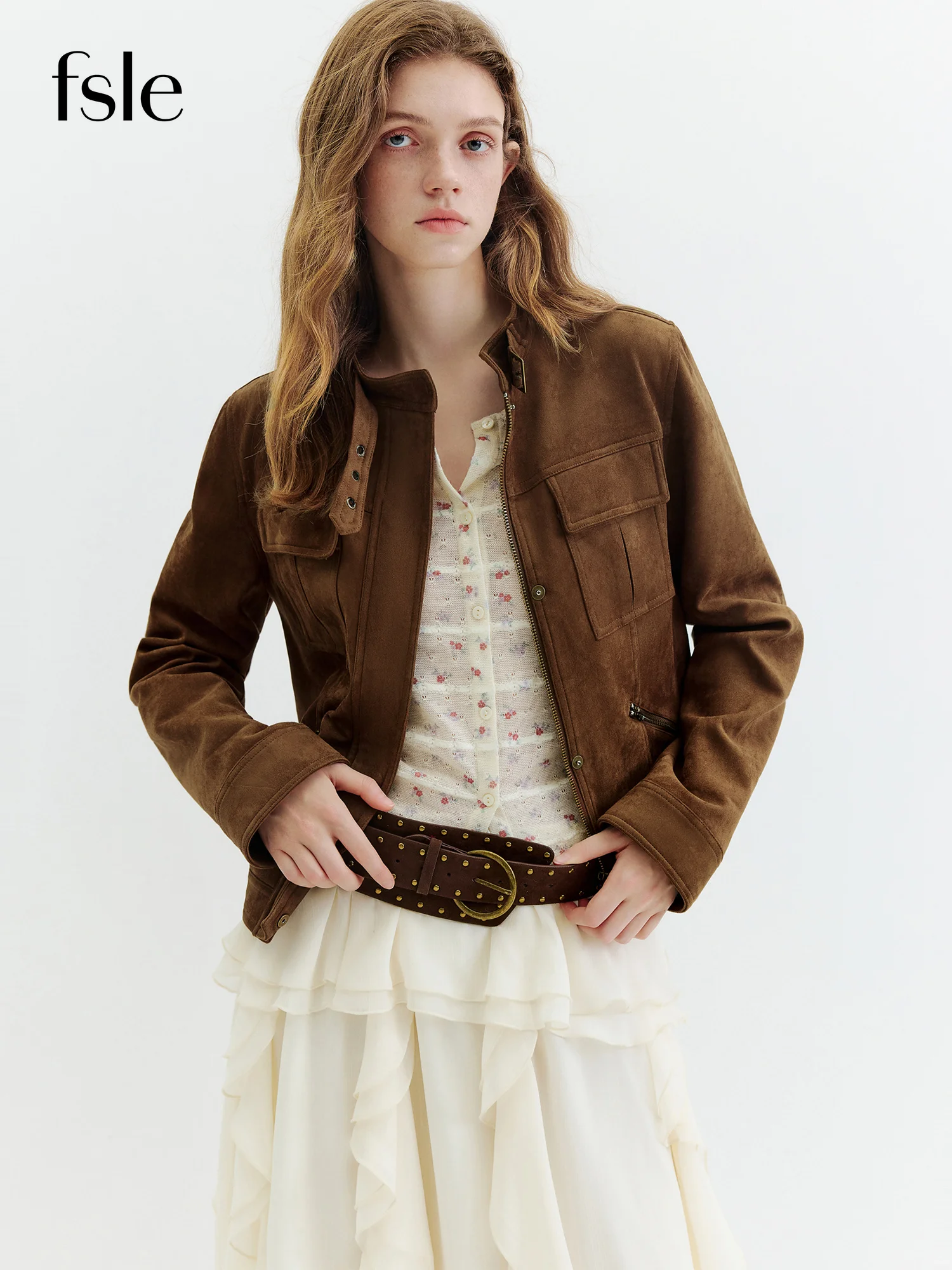 FSLE【Premium Series】Vintage Style Stand Collar Moto Jacket, Cropped Faux Suede Utility Coat for American Heritage Street Style