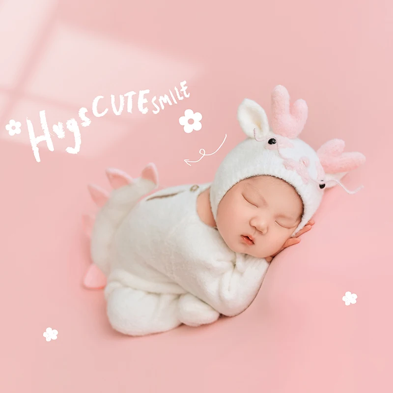 Dragon Outfit For Newborn Photo Knitted Dragon Hat Long Sleeve Jumpsuit Baby Girl Photography Clothes Pink Backdrop Blanket Prop