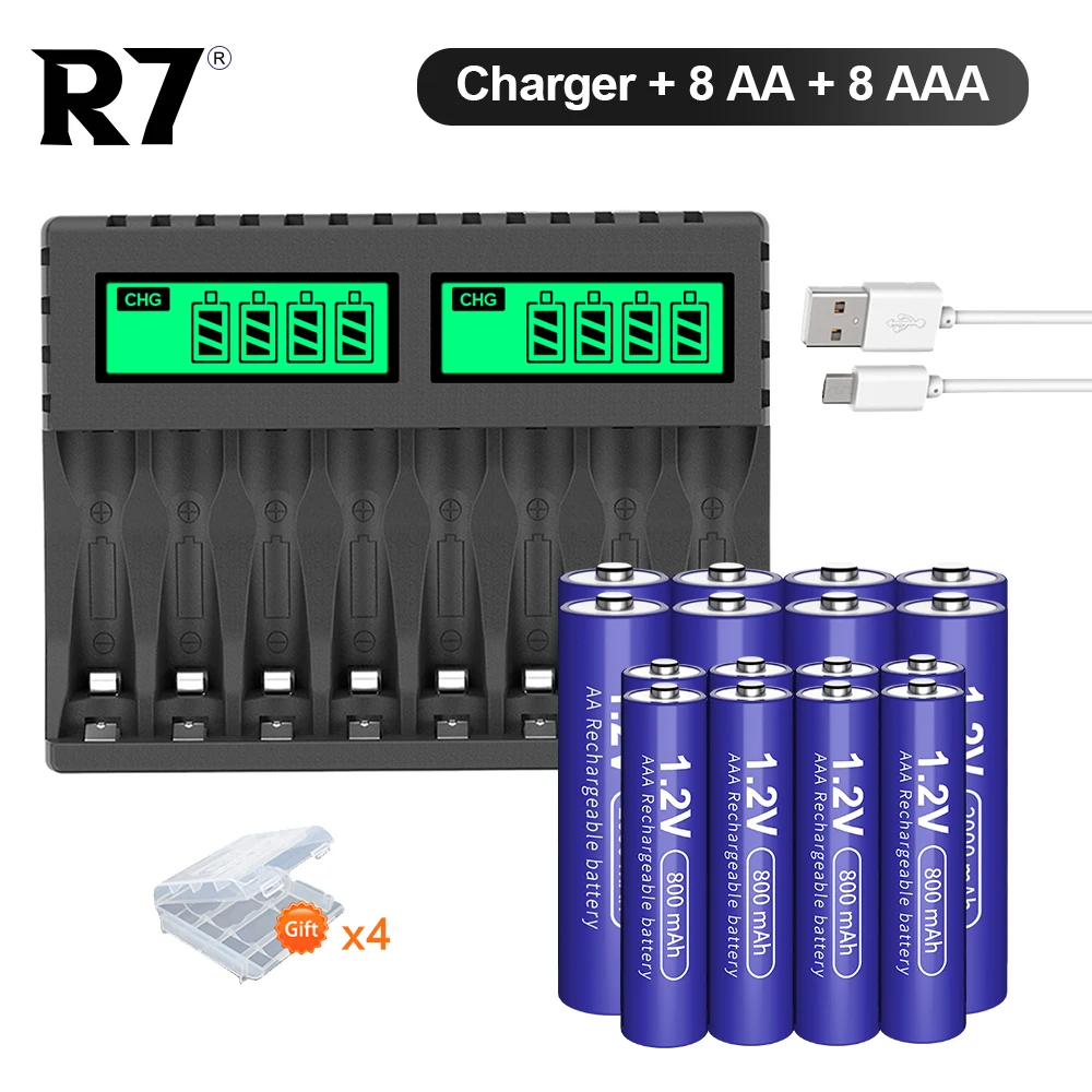 

R7 Brand 8Pcs AA Rechargebale Battery 2000MAH+8Pcs AAA Battery 800MAH 1.2V NI-MH AAA/AA batteries + LCD battery charger