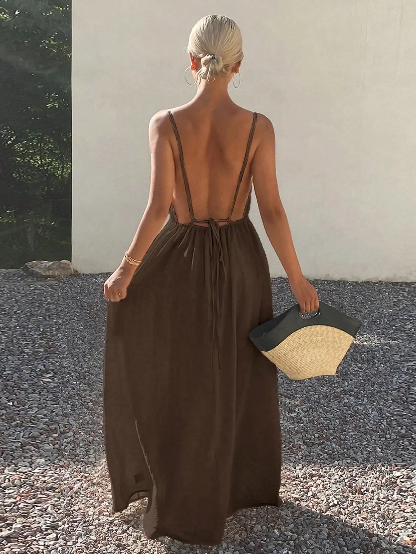 

Women's Backless Tie-Waist Sleeveless Maxi Dress in Solid Color for Summer