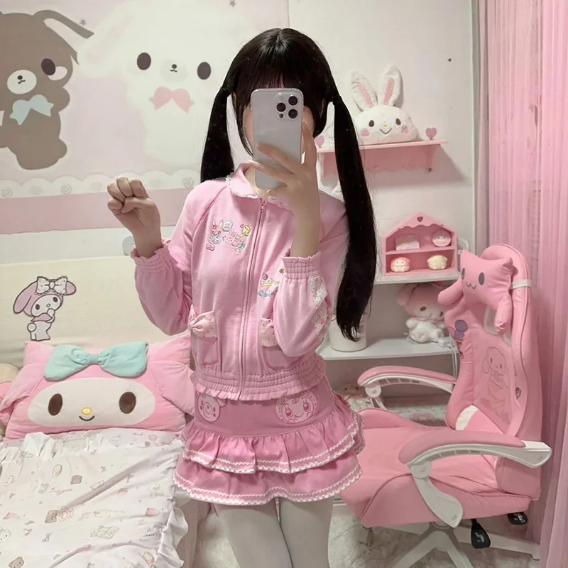 Manteau brodé de dessin animé japonais Kawaii pour femmes, Y2K, esthétique pour filles, doux, ample, vêtements d'extérieur, dentelle, Patchwork, mignon, veste avec nœud de poche