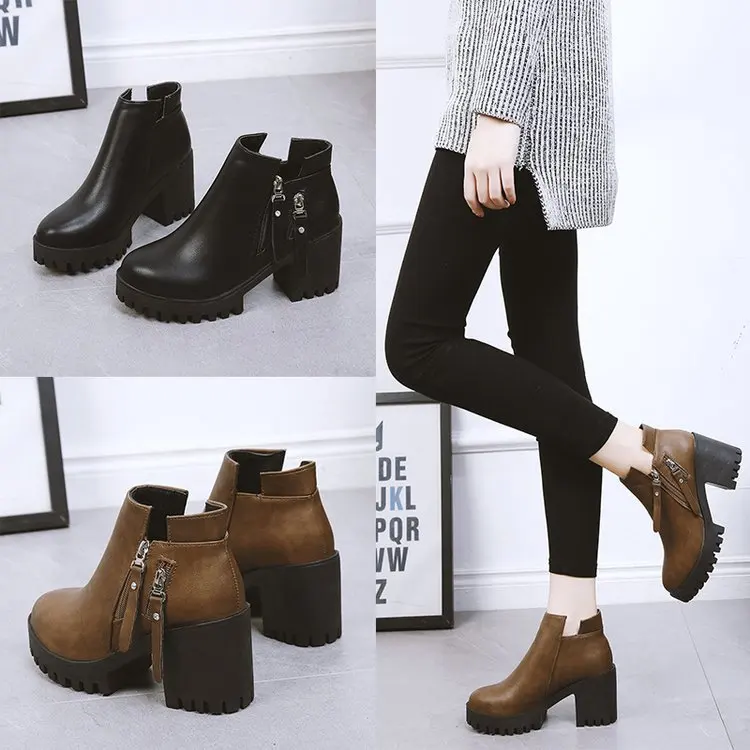 Autumn Winter Thick Heel Women's Ankle Boots Anti-slip Ladies Casual Footwear British Style Platform Side Zipper High Heel Shoes