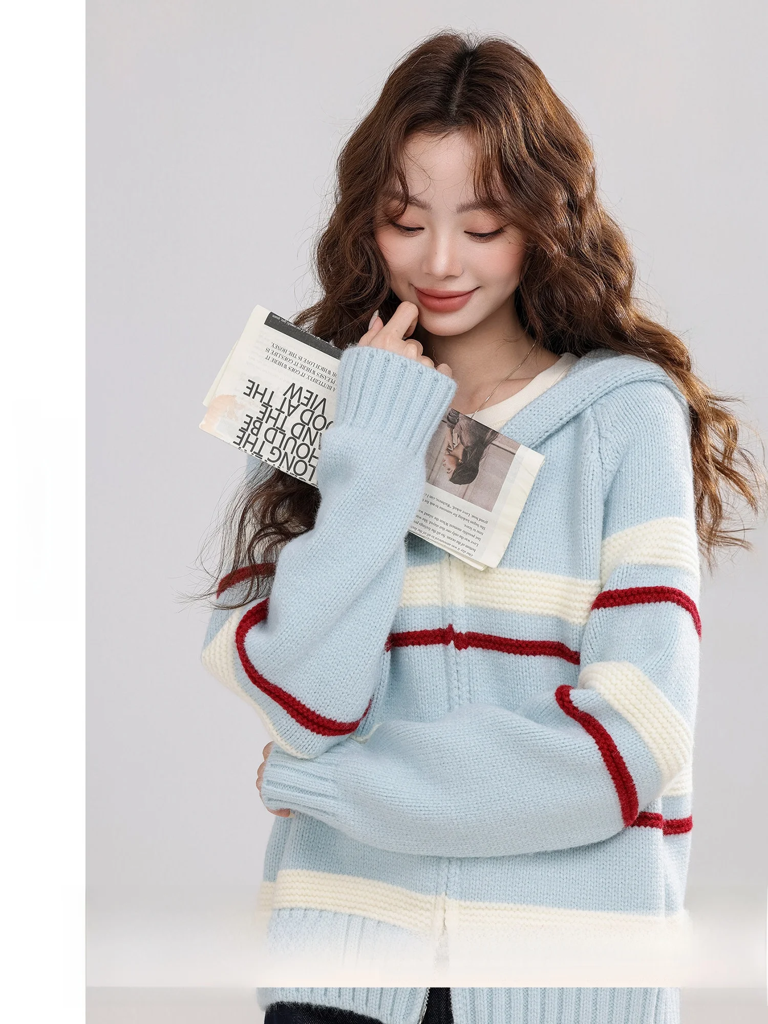 

Синий полосатый свитер с капюшоном Jaet, женский осенне-зимний новый универсальный теплый свитер Fce с бретельками Fem Outer...