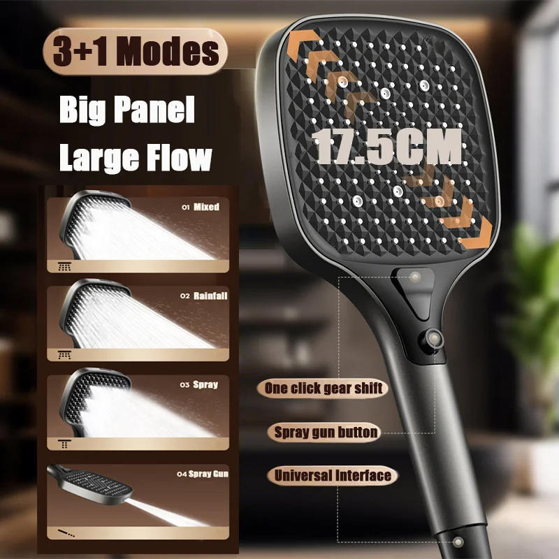 Upgraded Square 15CM Big Panel Large Flow Shower Head 3+1 Modes Adjustable Showerhead High-pressure Water-saving Handheld Shower