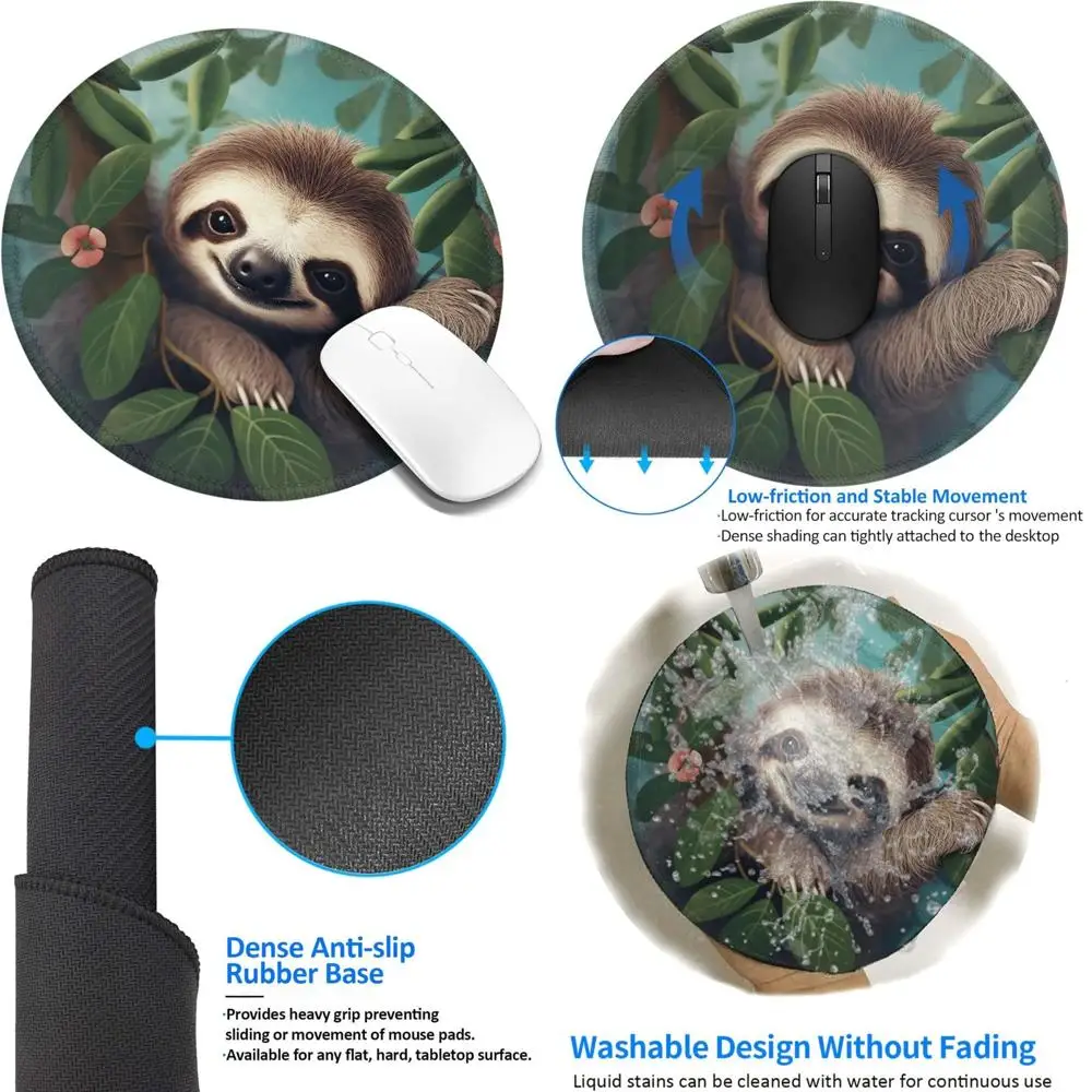 

8 Inch Cute Sloth Design Gaming Mousepad with Comfortable Stitched Edge and Non-Slip Rubber Base for Waterproof Computer Use