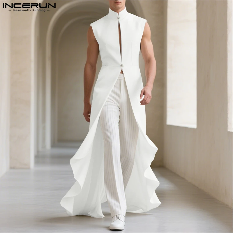 INCERUN Men Vests Solid Color Stand Collar Sleeveless Male Long Style Waistcoats Streetwear 2025 Fashion Casual Male Dress Vests