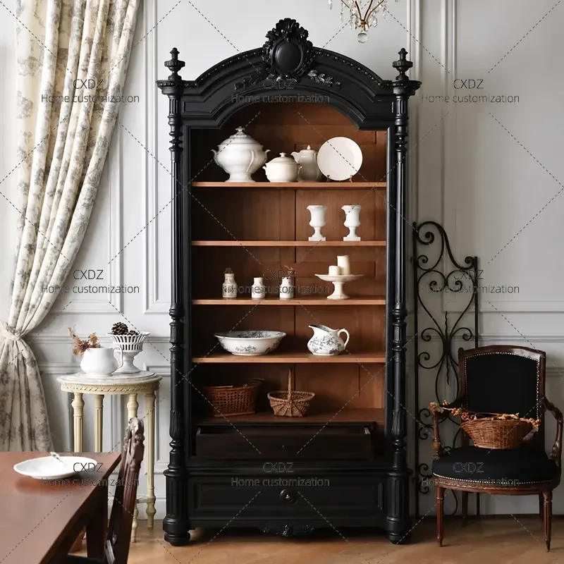 Retro Solid Wood Wine Cabinet Living Room Storage Locker Carved Decorative Cupboard Vintage Home Bar Furniture Organizer