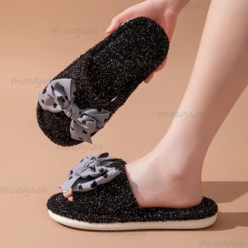 أربعة مواسم نعال من القطن للنساء المنزل لينة أسفل عادية لطيف القوس شباشب على الموضة داخلي غرفة المعيشة الشرائح المرأة شيز