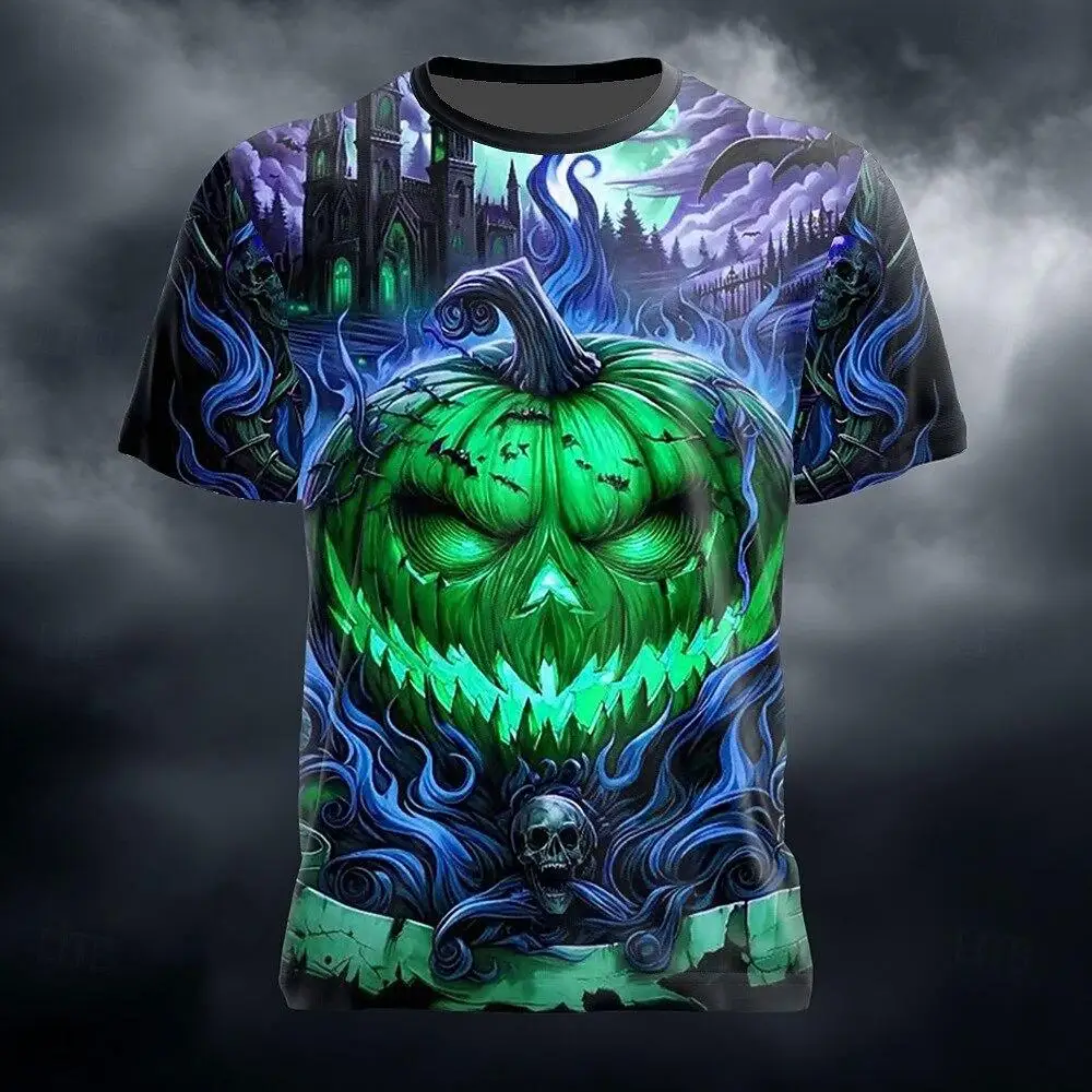 Men Halloween 3D Print Short Sleeve T‑Shirt Glowing Pumpkin Skull Castle Bat Moon Graphic O‑Neck Casual Party Tee Tops