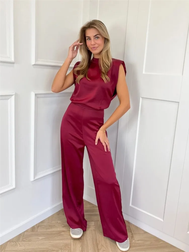 

Fashionable Stand Collar Sleeveless Waist Jumpsuit For Women Autumn Casual Solid Color Satin Backless Wide-leg Jumpsuit Female