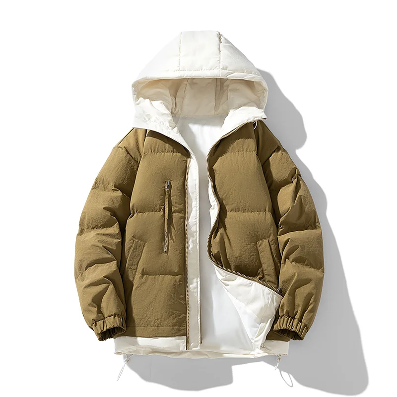 Color matching warm cotton coat, men's winter fake two thick hooded fashion couple coat, 2024 men's winter new fashion bread sui