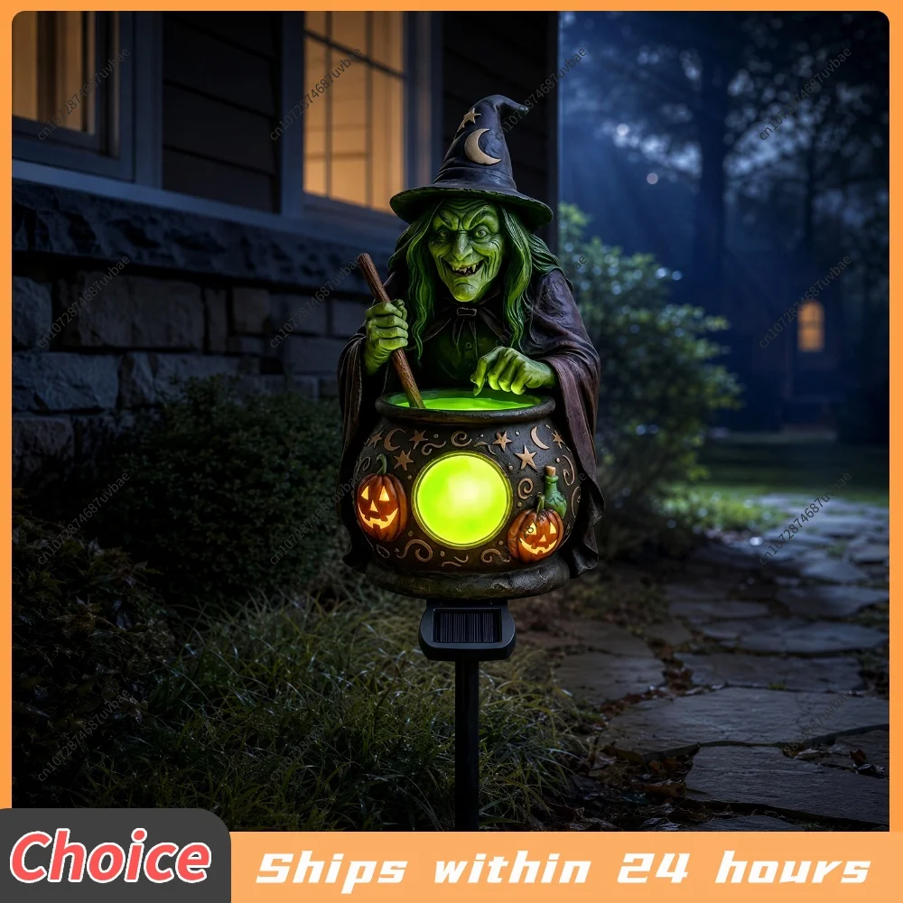 Halloween Yard Solar Stake Light Witch Cauldron Pumpkin Resin Garden Lantern Dusk to Dawn Auto On Off Path Decor