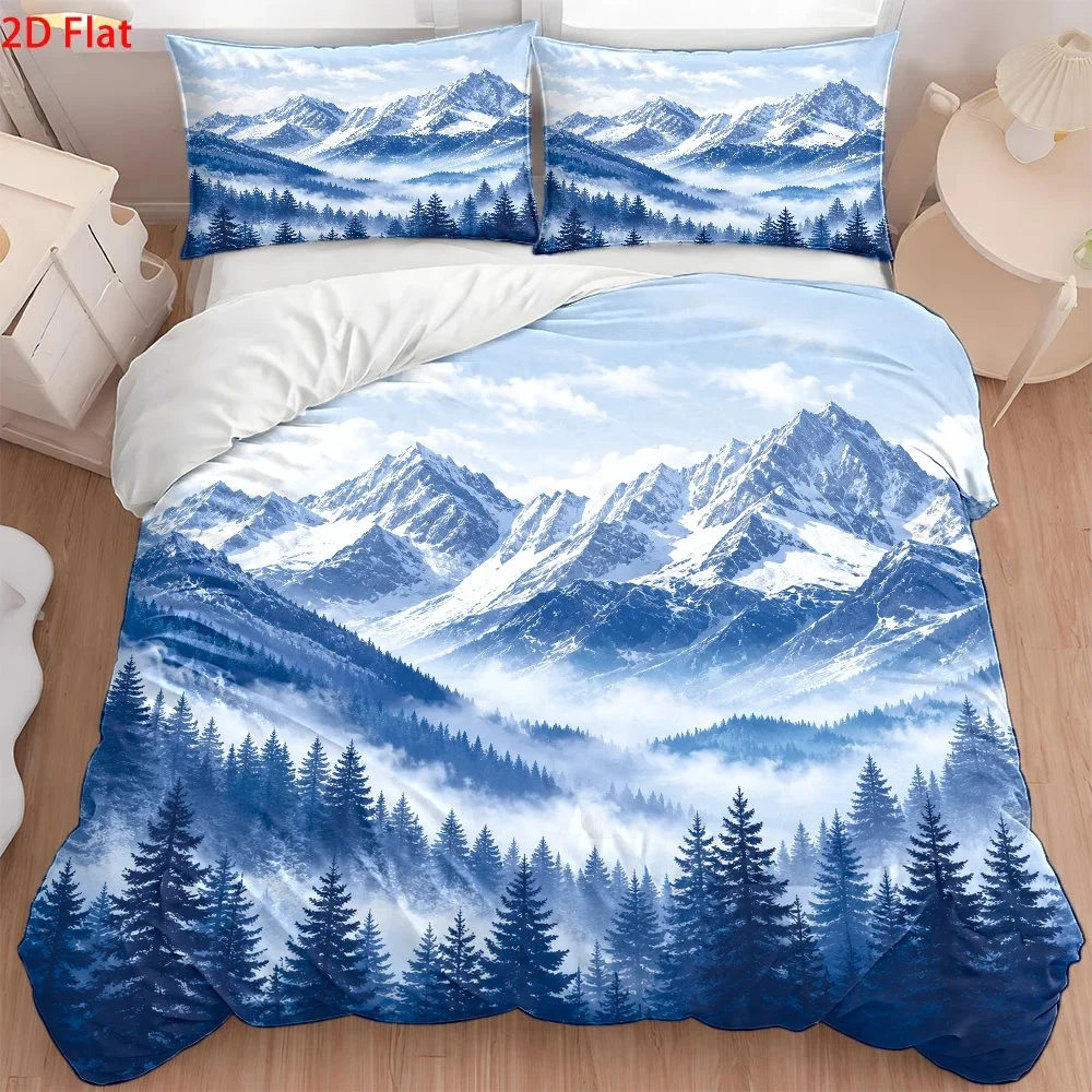 3Pc Nordic Style Duvet Cover Set, Three-Piece Bed Set (1*Duvet Cover + 2*Pillowcases), All-Season Double Bedding, Skin-Friendly Breathable Polyester Woven Bedding, Quilted Duvet Cover with Invisible Zipper, Soft and Comfortable, Wrinkle-Resistant, Easy to Clean, Modern Minimalist Light Luxury Bedroom Decor, Machine Washable and Durable Dormitory Bedding, Suitable for Home Master Bedroom, Guest Room, Student Dormitory, Printed Cloud, Mist, Snow Mountain, Forest Pattern Bedspread Set, Large Double Bed Cover