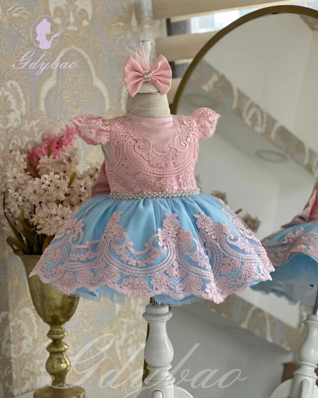 Vestido de encaje de tul rosa para niña, apliques de cuentas hinchadas con lazo, fiesta de cumpleaños para niños, vestidos de baile de primera comunión