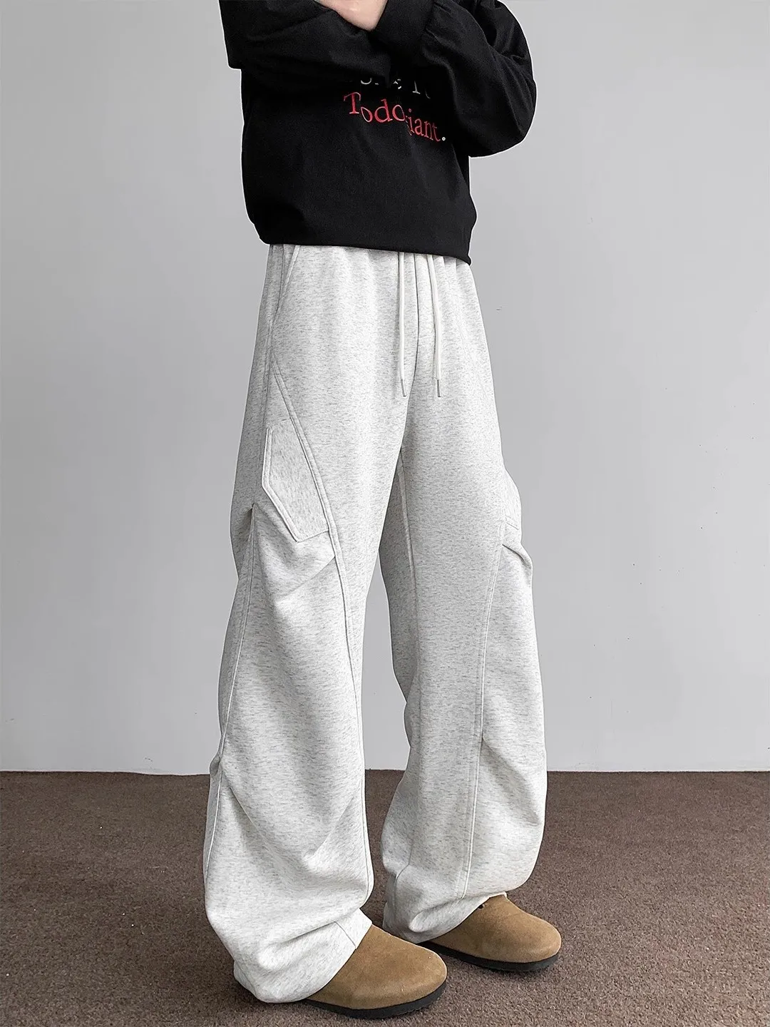 

American Sle Pleated Heavyweight Curved Knife Sweatpants Men's Autumn Trendy Sports Casual Paratrooper Pants Wide Leg Strai...