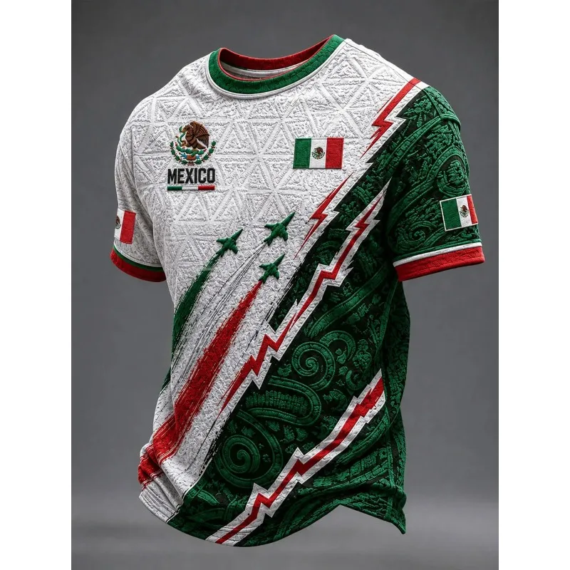 Mexico 3D Print T-Shirt, Short Sleeve Crew Neck Vintage Casual Top With Red-Green Striped Trim, Designed For Football Fans