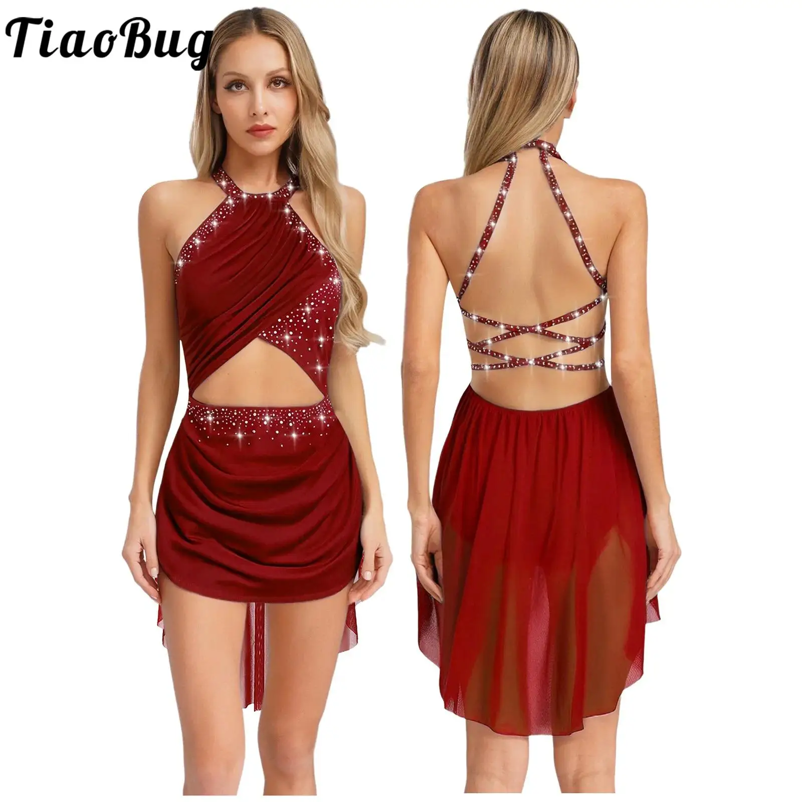 

Women Figure Skating Lyrical Latin Dance Dress Leotards Modern Rumba Dancewear Strappy Backless Sheer Mesh Overlay Dance Dress