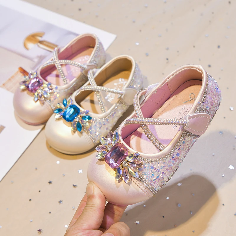 Girls Flats Princess Shoes Children Crystal Cross Leather Shoes for Party Wedding Kids Performance Dress Shoes Size 23-32