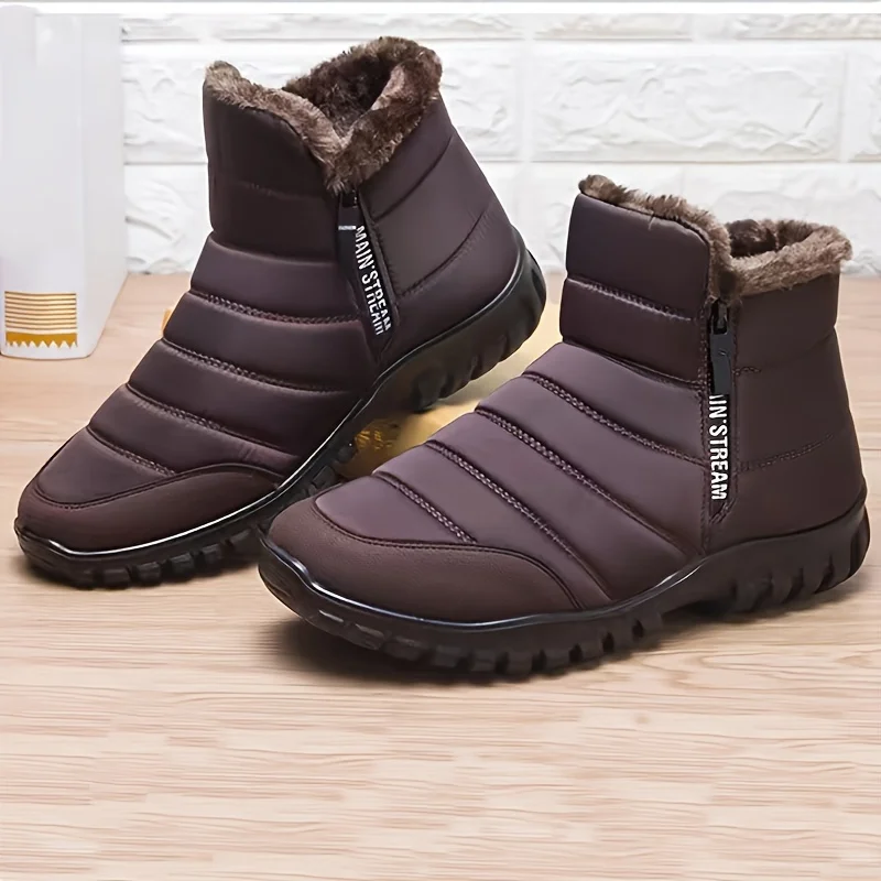 Men's Waterproof Warm Cotton Zipper Snow Ankle Boots, Winter Warm Slip on Thick Plush Booties Waterproof Snow Boots