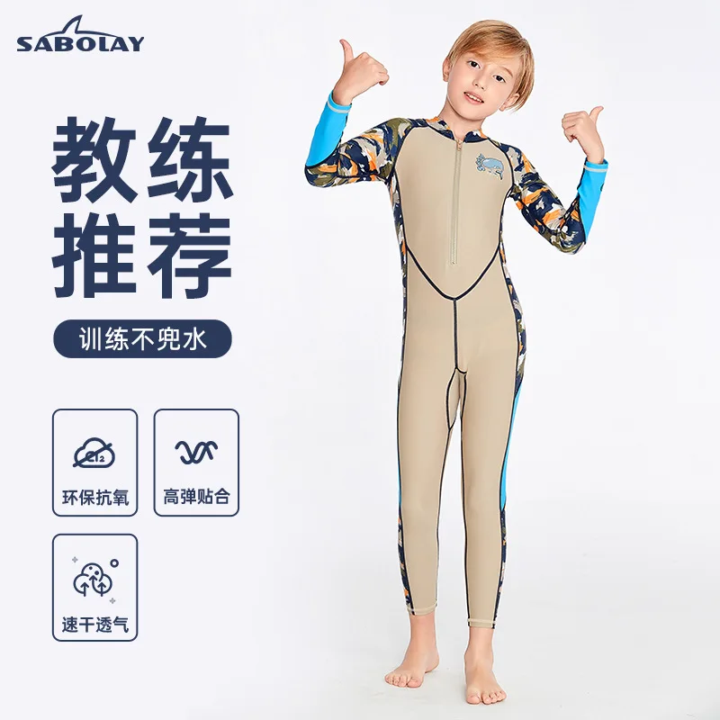 

Sabolay Children's One-Piece Swimsuit Long Sleeves Sunscreen Swimming Training Snorkeling Surfing Anti Jellyfish