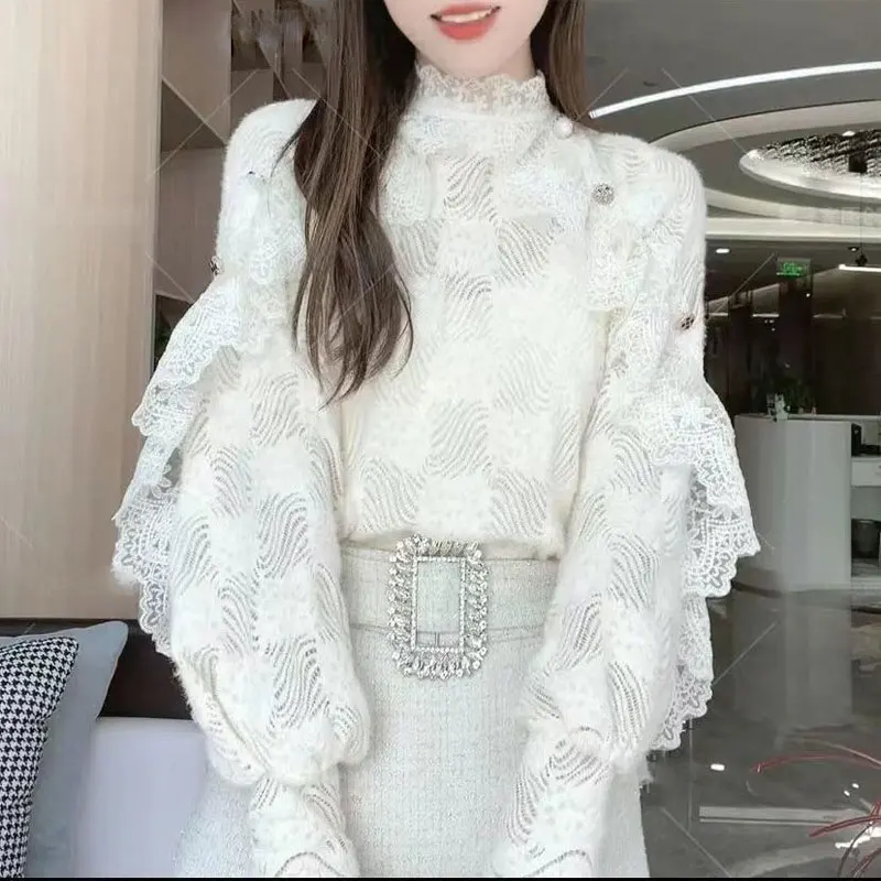 Vintage Lace Hollow Out Blouse Ruffles Spliced Women\'s Clothing Long Sleeve Spring Autumn Fashion Button Half High Collar Shirt