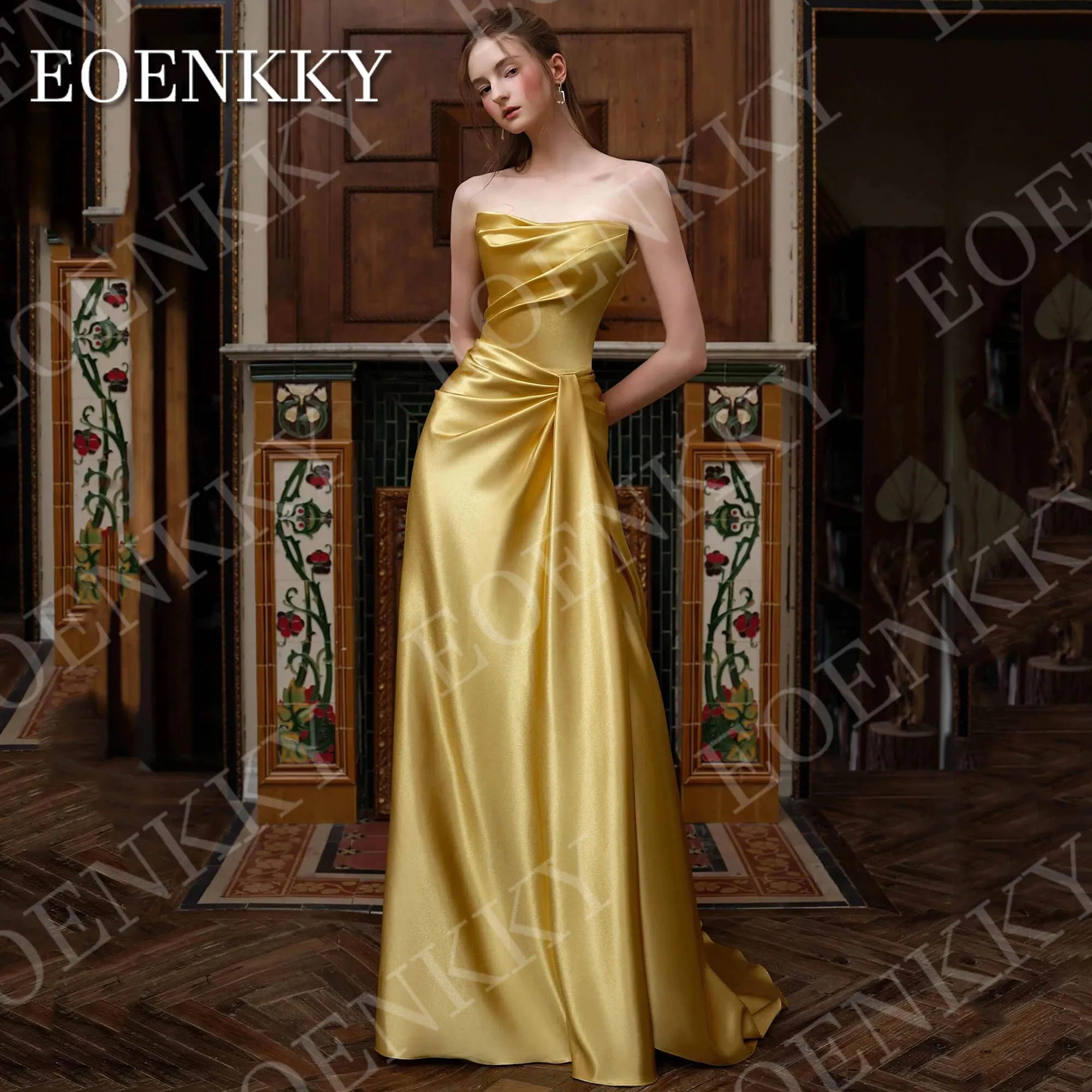 EOENKKY Sirena Abiti da sera eleganti Abiti da ballo sexy senza spalline Abito da festa in raso dorato personalizzato Donna Sirena elegante abiti da sera sexy senza spalline abiti da ballo personalizzati raso oro festa