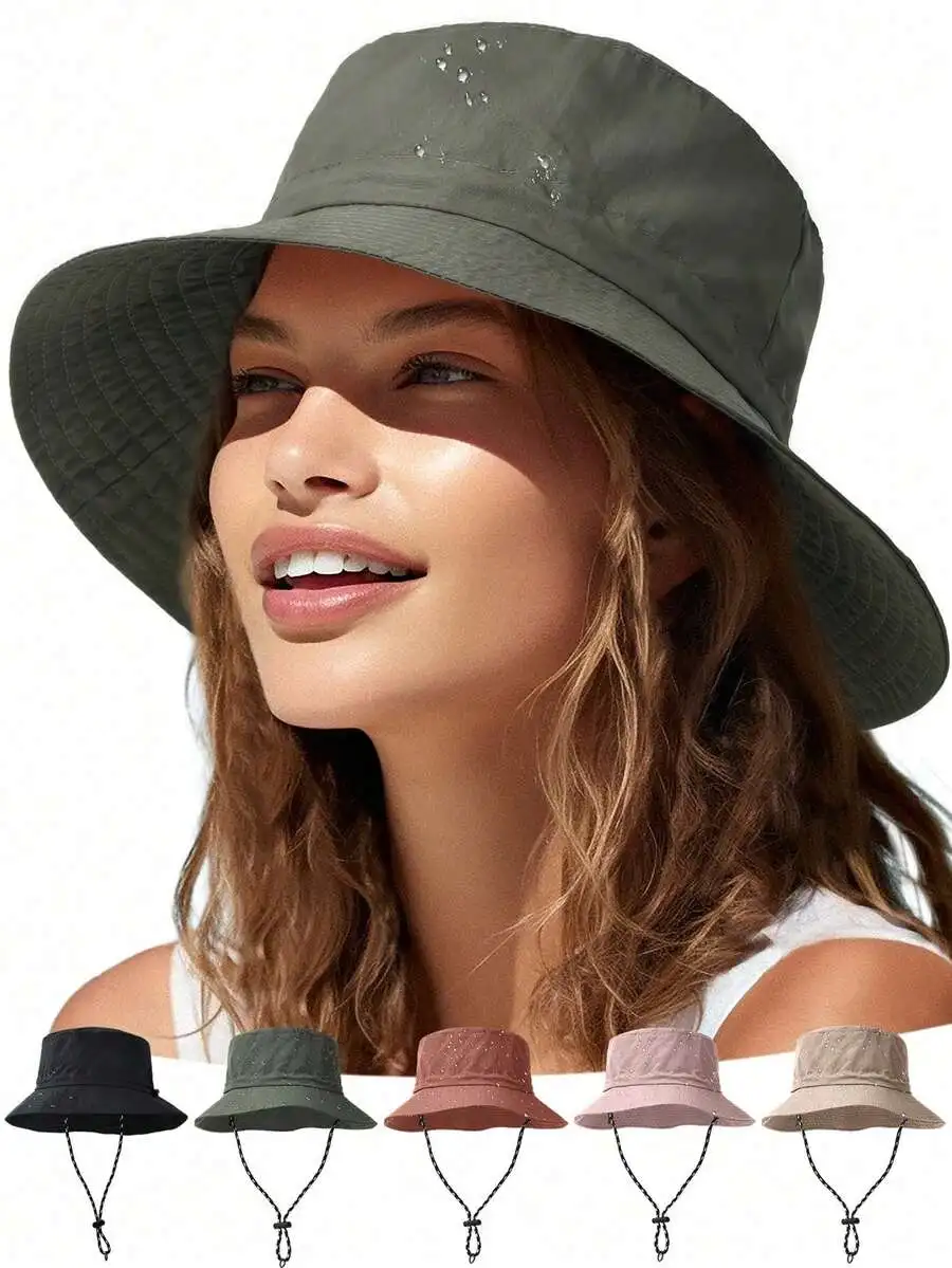 1pc Foldable Quick-Dry Waterproof Bucket Hat With Drawstring Portable Foldable Bucket Hat, Windproof Adjustable Sun Hat