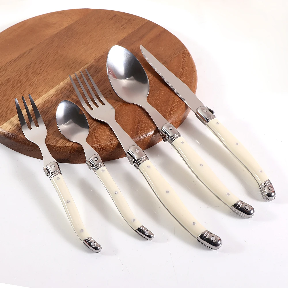 Jaswehome 5pcs Stainless Steel Cutlery Steak Knife Black White Food Spoon Dessert Fork Steak Flatware Set