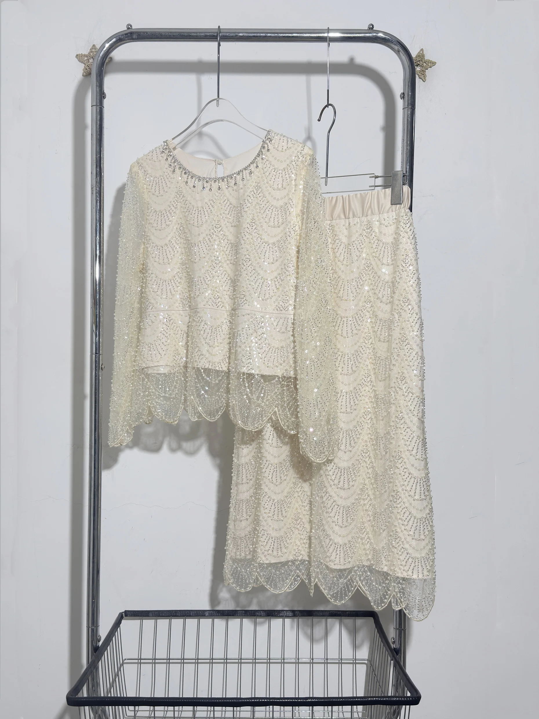 

Гламурный новый элегантный женский топ с бриллиантами и жемчугом, блестками, расшитый бисером, тяжелый вышитый зубчатый кружевной сетчатый топ, пуловер, блузка и юбка, комплект