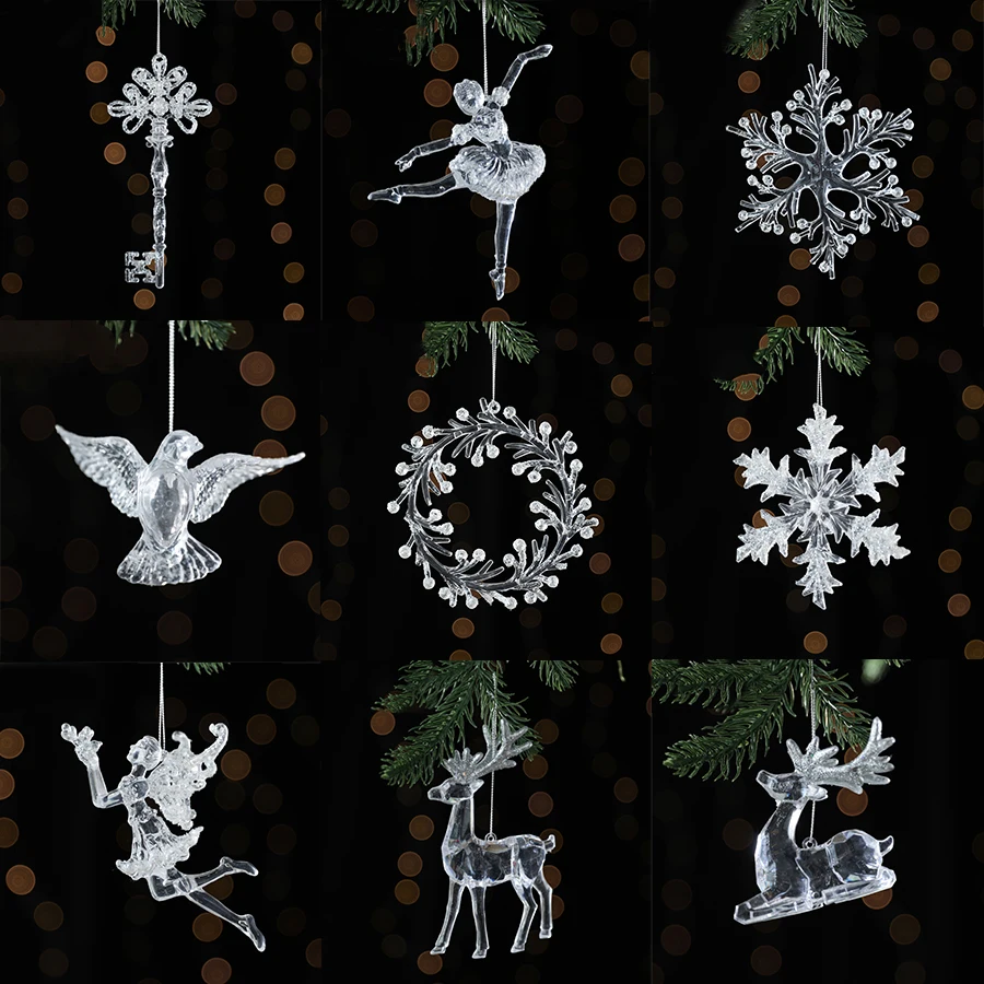 Christmas Tree Decoration Christma Transparent Acrylic Elk Angel Snowflake Hanging Pendant Xmas Oranment Happy New Year 2025