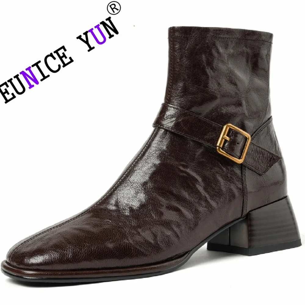 

【EUNICE YUN】Handmade Brand Genuine Leather Shoes for Women Square Toe High Heel Shoes Zipper Ankle Boots Modern Boots 34-40