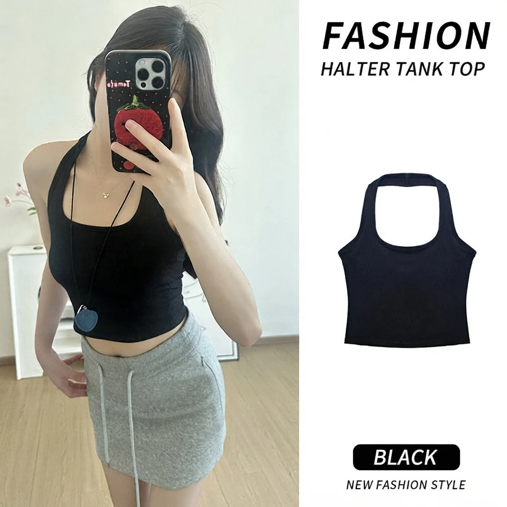 Polyester Spandex Camisole Tank Top U Neck Open Back Short Slim Fit Sleeveless Summer Women Sweet Fresh Inner Outer Top