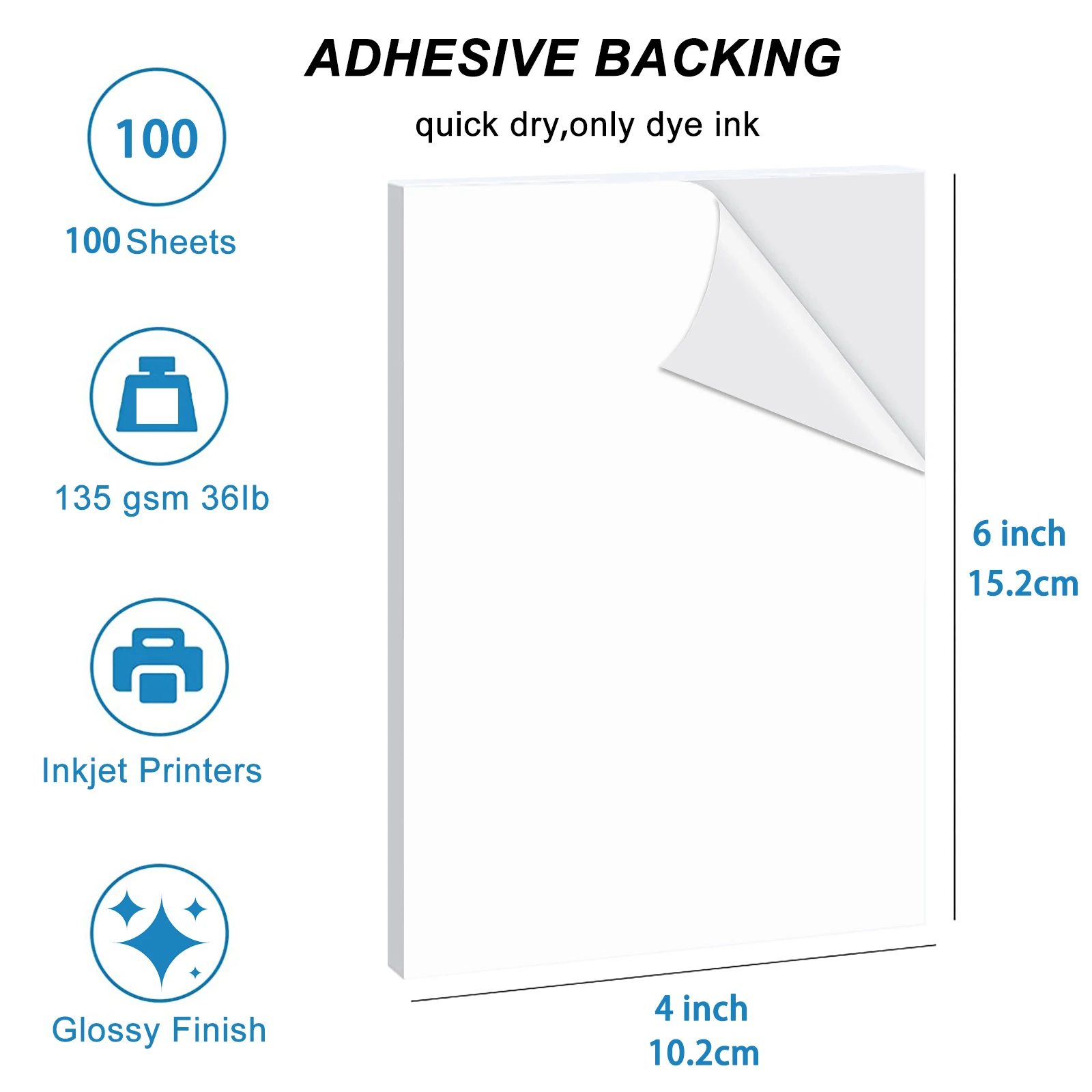 ESHANG 4x6 Self Adhesive Photo Paper, Glossy Sticky Paper for Inkjet Printers, 100 Sheets Bulk Pack, 135gsm High Quality