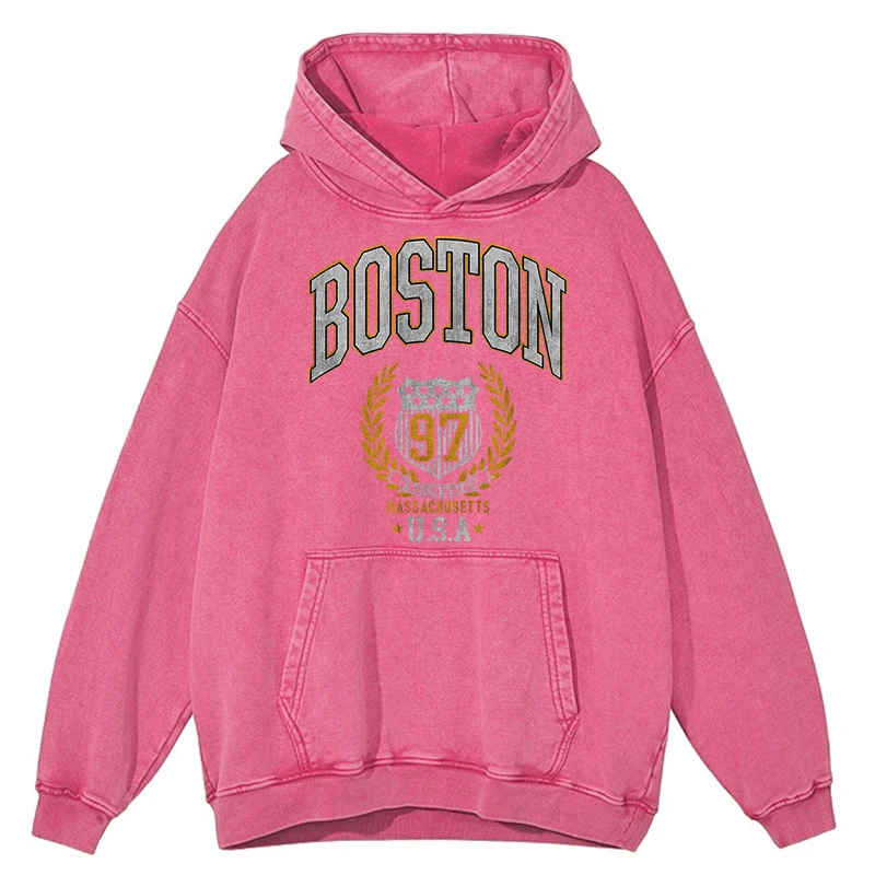 Retro Distressed Wash Boston 97 Usa City Letter Sweatshirt Men Hip Hop Hip Hop Clothes Autumn Hoodie Fashion 100% Cotton Hooded