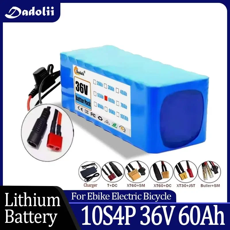 Genuine 36V 60AH Electric Bicycle Battery Built-in 20A BMS Lithium Battery Pack 36 Volt 2A Charging Ebike Battery + 42v Charger