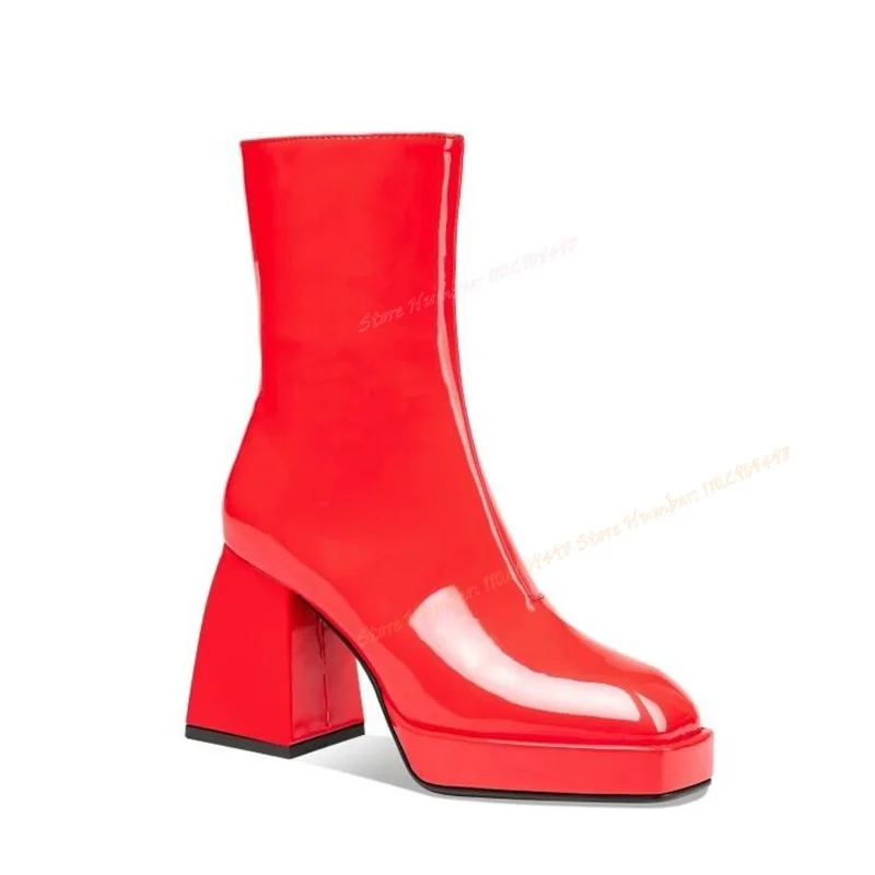 

Red Patent Leather Platform Ankle Boots Strange Style Heel Shoes for Women Solid Color Round Toe Shoes 2023 Zapatos Para Mujere