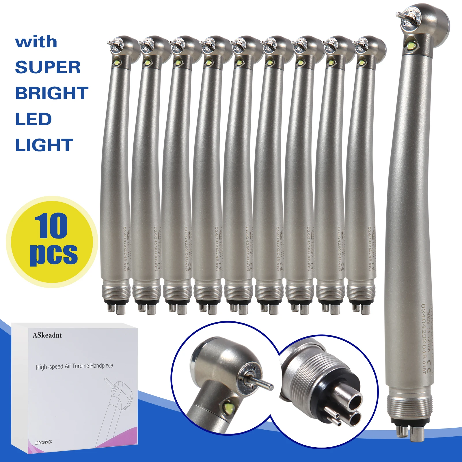 10X Dental High/Fast Speed Fiber Optic LED Handpiece Push 3 Way 4 Holes Standard Head Type NSK Style Askeadnt