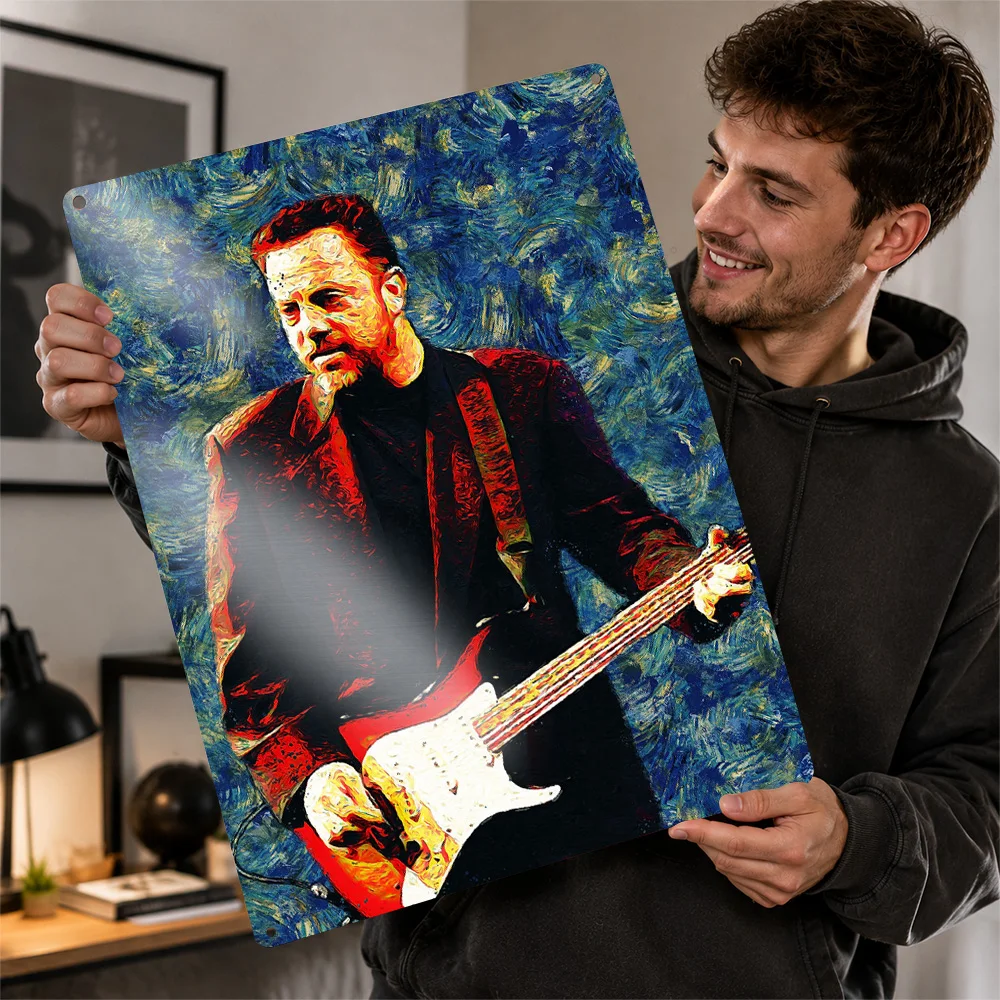 Billy Joel With Guitar Textured Metal Poster Starry Night Inspired Wall Art For Bedroom Personalized Aluminum Sign Musician Gift