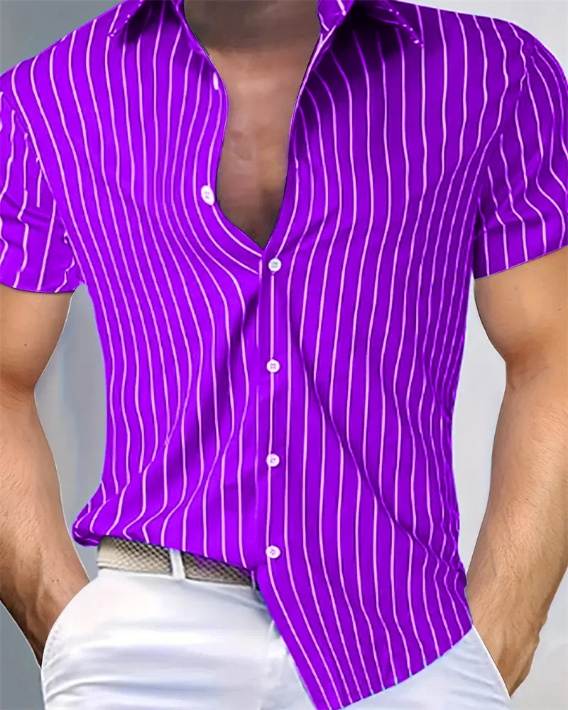 2024 Men's Fashion Loose 13 Color Striped Shirt Casual Breathable Lapel Button Short Sleeve Shirt Top Comfortable Soft Fabric