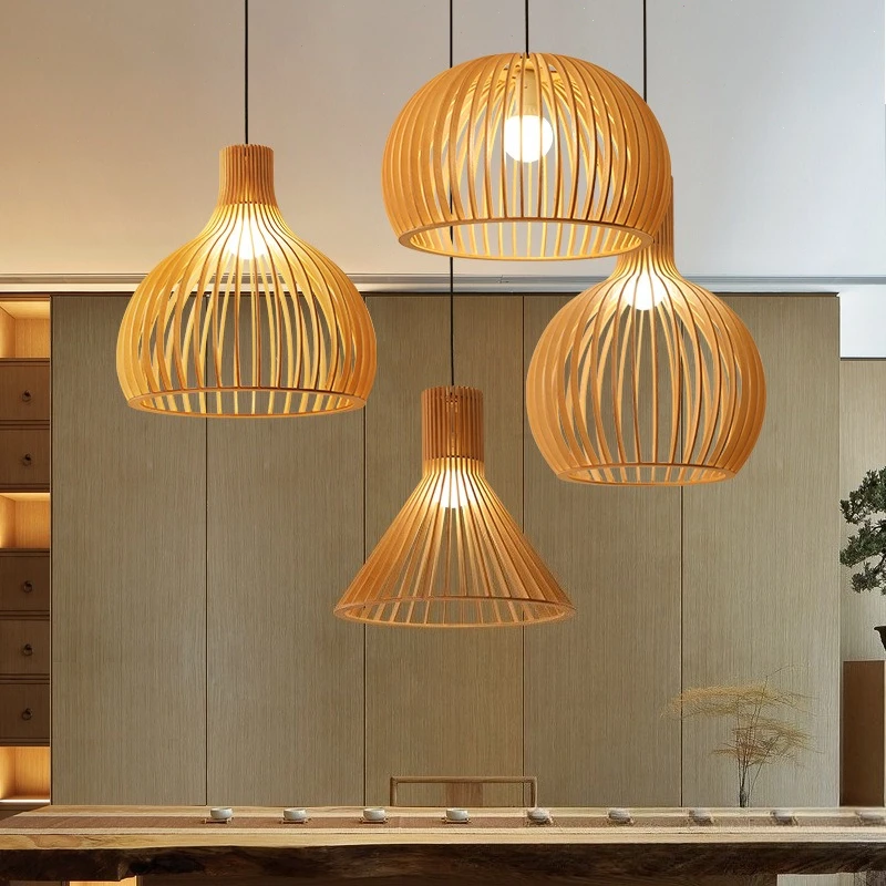

Pendant Lamp Kitchen Island Chandeliers Wood Bird Cage Lamp Wooden Hanging Light for Living Room Indoor Lustre Home Decoration
