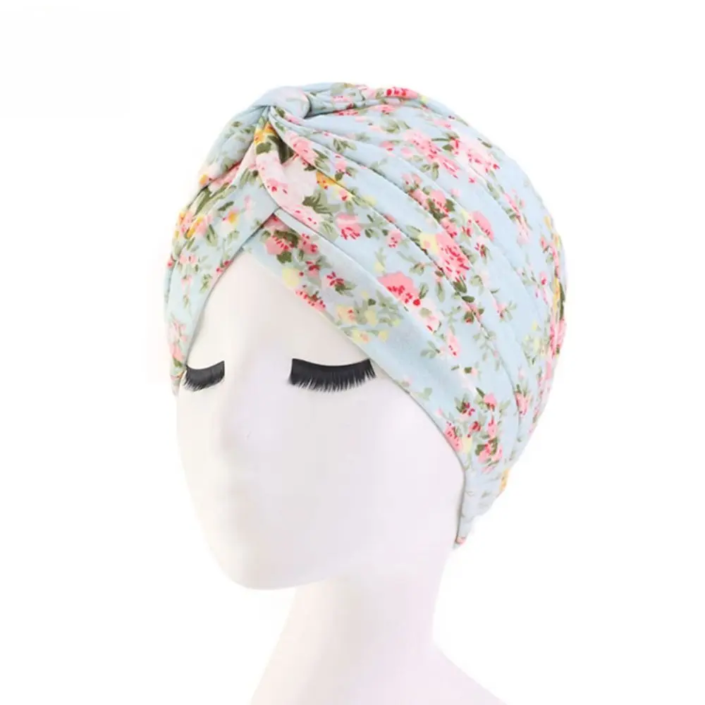 

Fashion Soft Pastoral Style Ruffled Turban Hat Floral Print Cotton Chemo Cap Headwrap Pleated Turban Women