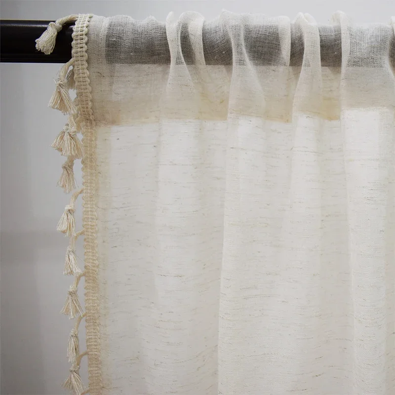 Cotton Linen Curtain Boho Cream Semi Sheer Living Room Window Drapes Rod Pocket Tassel Slot Top Voile Sheer Curtain Panel