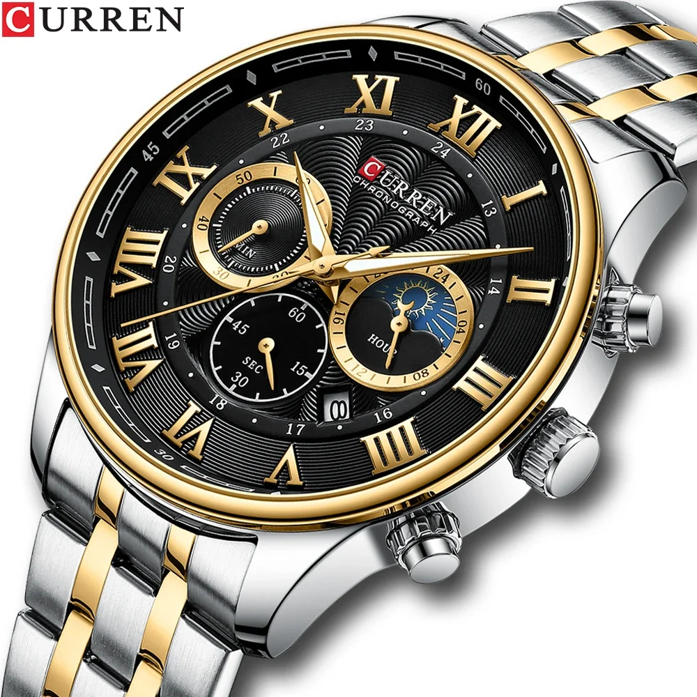 

CURREN 8427 Men's Fashion Sports Chronograph with Automatic Date Moon Phase Chronograph Stainless Steel Business Watches for Man