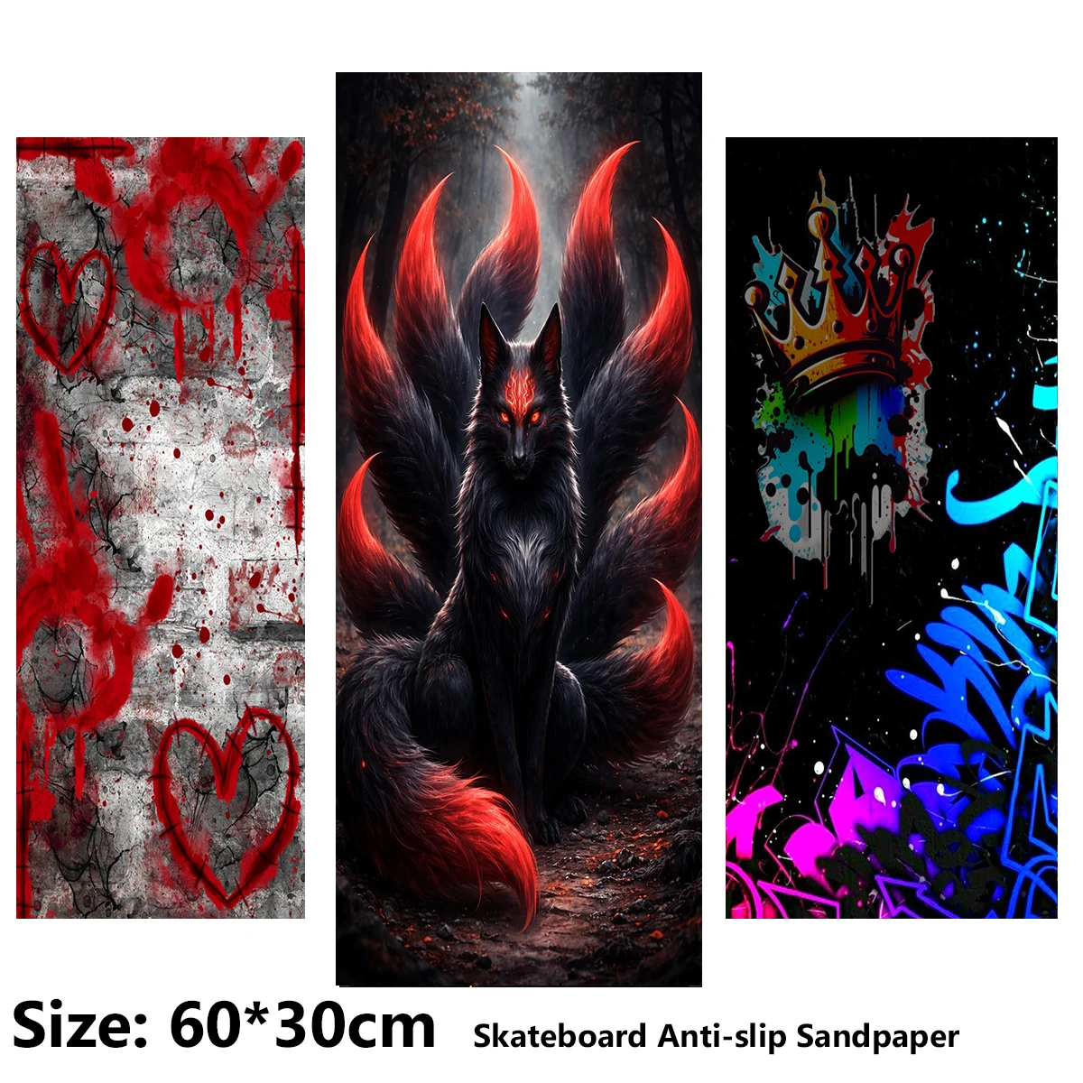 Electric Scooter Anti-slip Sticker Sandpaper Skateboard GripTape Sheet 60*30cm Nine-tailed Fox Doodle Crown Pattern