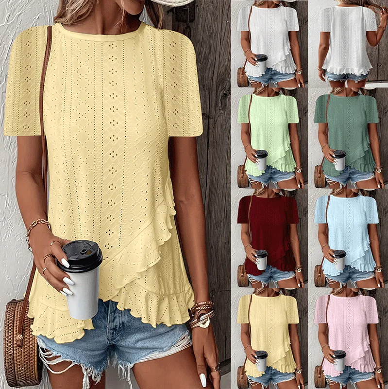 

2025 Summer Women's Blouses Fashion Hollow Out Flounce Short Sleeve Shirts Casual Irregular Ruffles Summer Tops Casual Streetwea