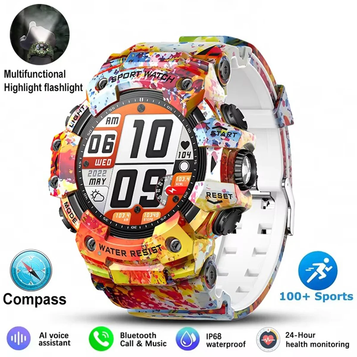 

Мужские умные часы для активного отдыха с Bluetooth-звонками, водонепроницаемые, с компасом, мониторингом сна и здоровья, уведомлениями и фонариком