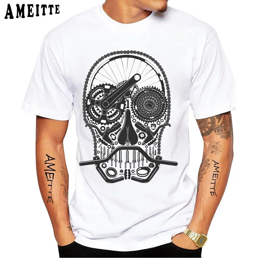 Retro Fixed Gear Bike Frame Skull Head Print T-Shirt New Men Short Sleeve Road Bicycle Sport White Cycling Hipster Tee Tops