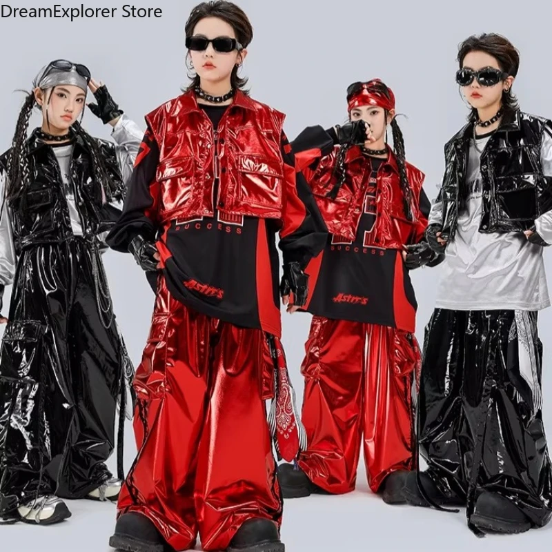Boys Hip Hop Cool Sweatshirt Shiny Vest Street Dance Cargo Pants Girls K-pop Clothes Set Kids Jazz Costumes Children Streetwear