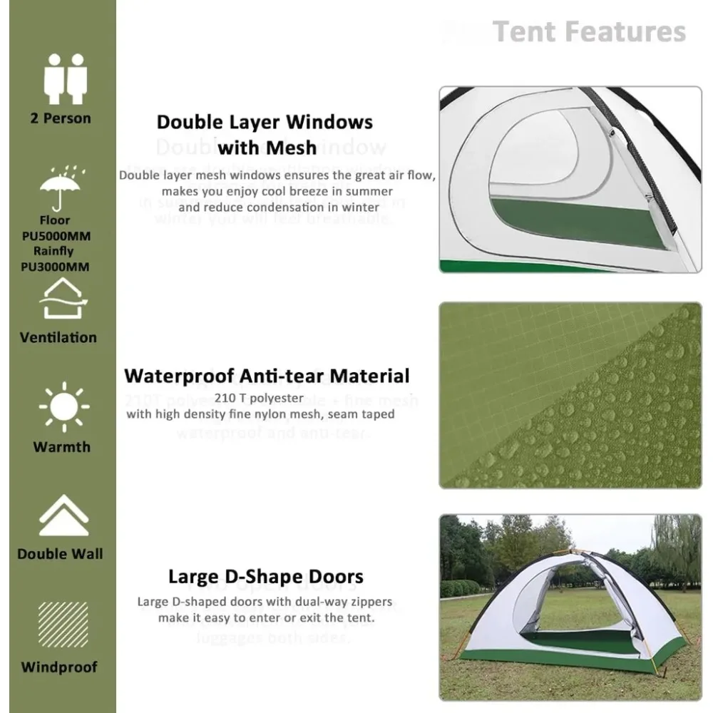 Ultralight 2 Person Backpacking Tent 4 Season Waterproof Camping Tent Double Layer Cold Weather Easy Set Up Tents