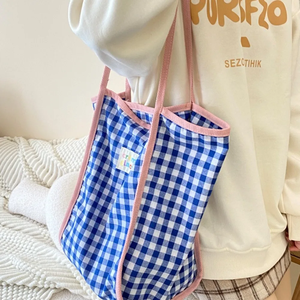 Women Canvas Shoulder Bag Red Plaid Books Daily Shopping Bags Students Bookbags Cotton Cloth Handbags Large Tote For Girls